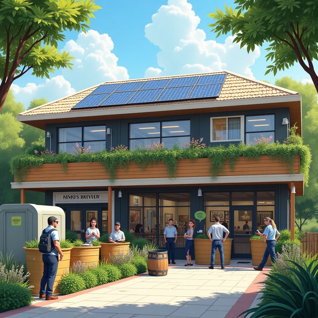 The image depicts a modern brewery that emphasizes energy conservation practices. The building is adorned with solar panels on its roof, reflecting a commitment to sustainable energy. Visitors can be seen engaging outside, possibly enjoying beverages or discussing eco-friendly initiatives. The surrounding area is filled with greenery, enhancing the atmosphere of a healthy environment. The overall design conveys an inviting vibe, making it an ideal spot for both brewing and community engagement.