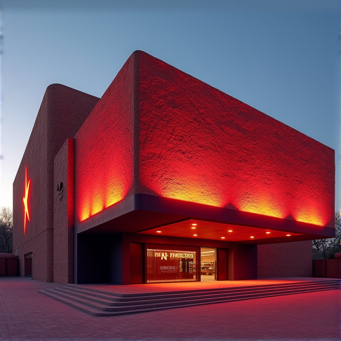 A modern, cube-shaped building with red lighting and a large star on the side.