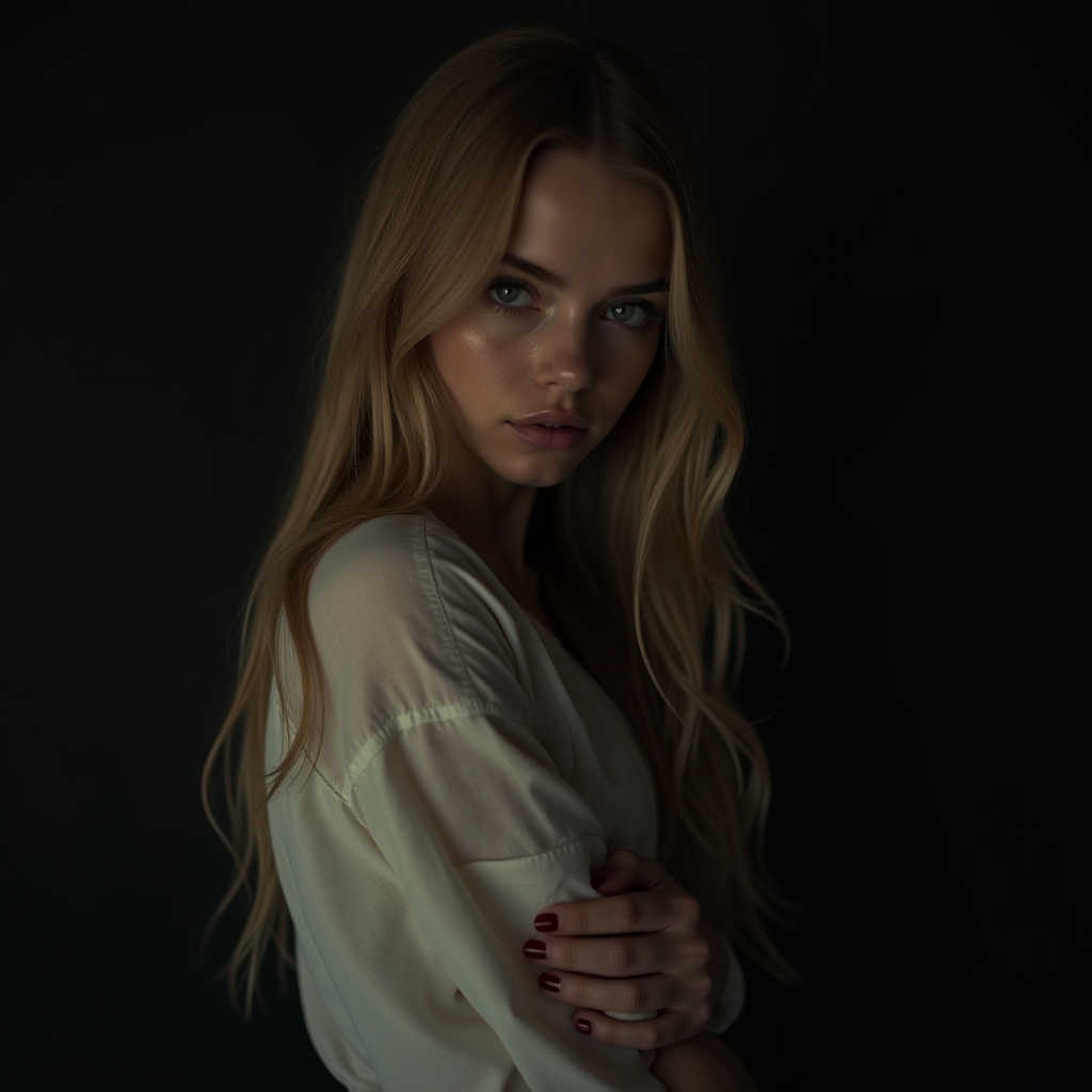 A woman with long blonde hair stands against a dark background, wrapped in an aura of mystery.