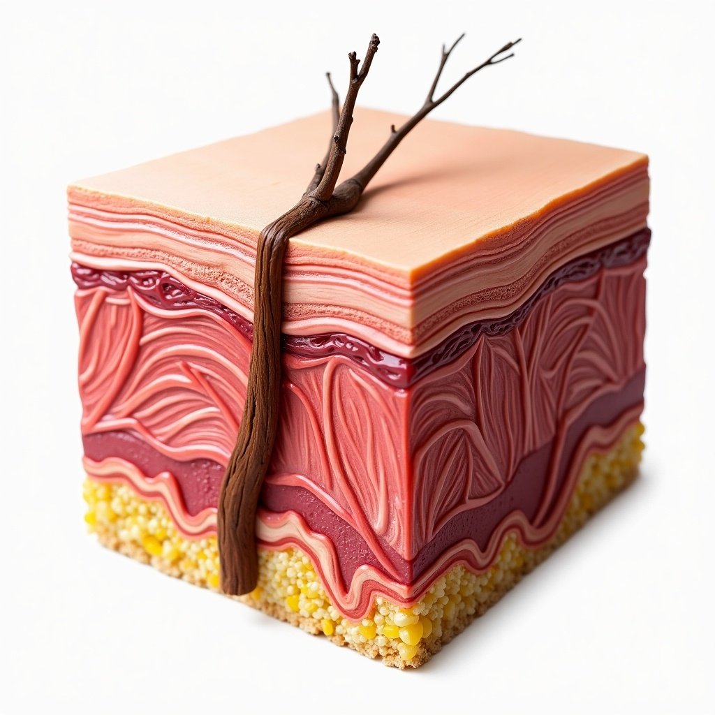 A realistic cross-section of human skin is depicted. The image shows various layers of skin with distinct colors and textures. There is a small branch-like structure integrated into the skin layers. The presentation is artistic and emphasizes the beauty of human anatomy.