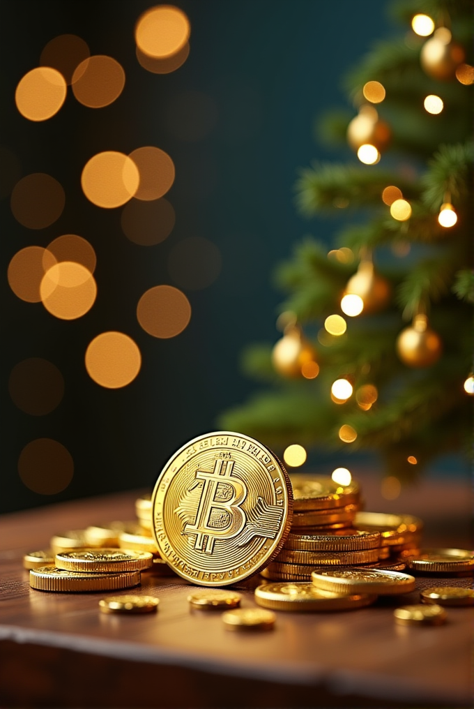 A stack of gold Bitcoin coins is placed next to a decorated Christmas tree with glowing lights.