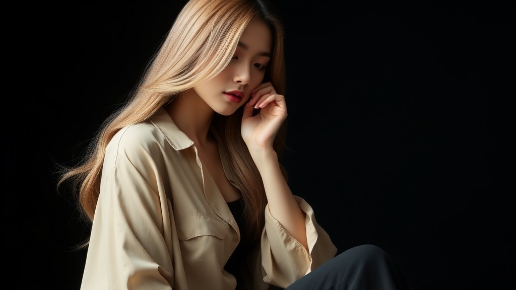 A contemplative woman in soft lighting against a dark background.