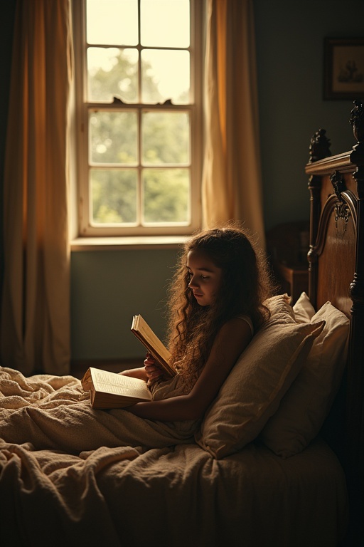 A young girl lies on a bed reading a book. The room has old decor with poor furnishings. Warm light from a window illuminates the space.