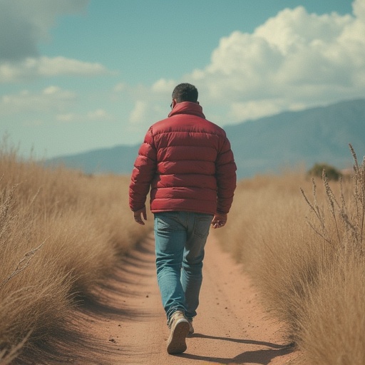 A man dressed in a red puffer jacket walking on a dirt path surrounded by tall grasses. Scenic landscape with mountains and clouds in the background.