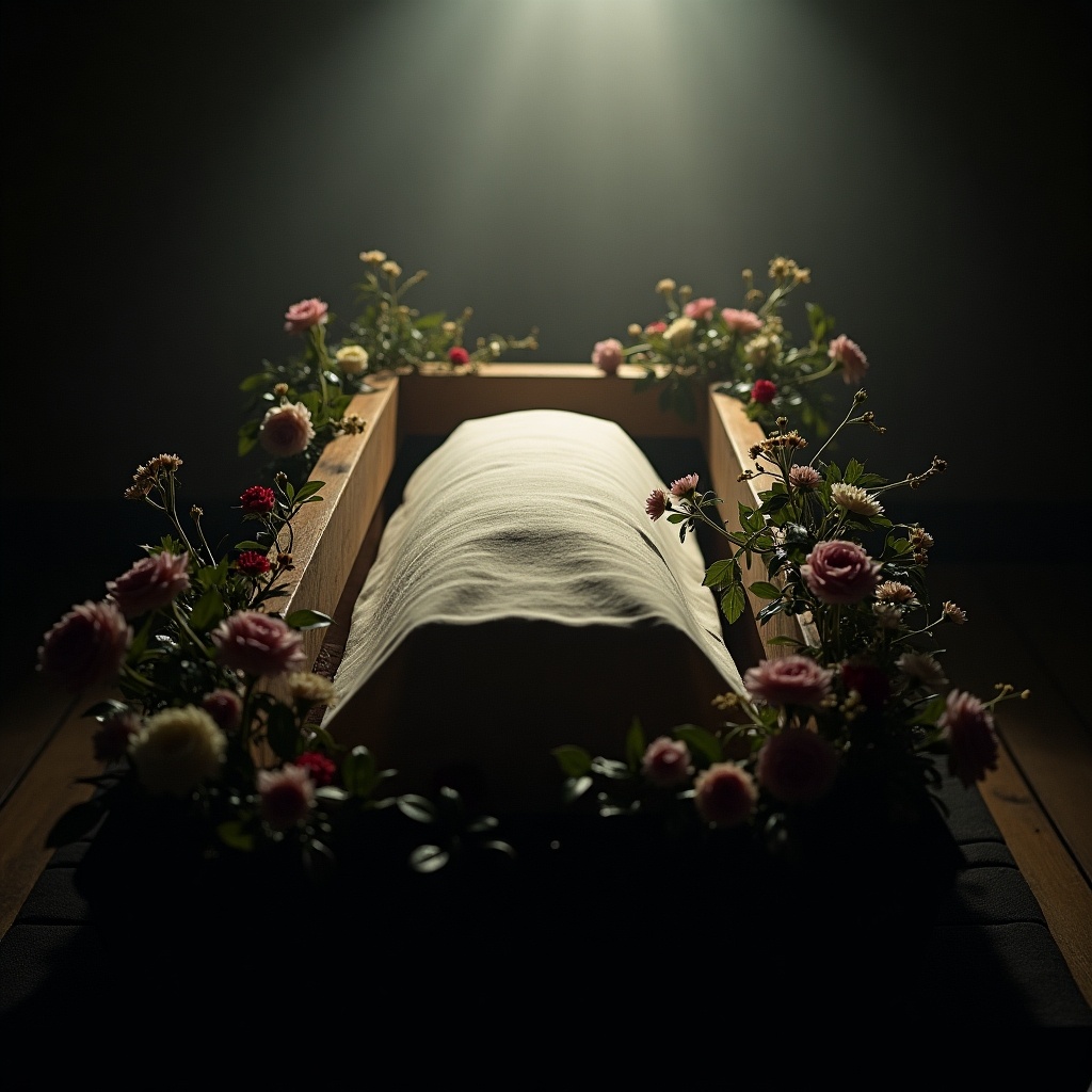 Casket surrounded by flowers. Soft white covering. Dimly lit environment. Spotlight on casket. Floral decorations. Emotional ambiance.