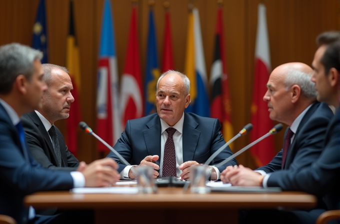 A group of men in formal attire are engaged in a serious discussion at a conference table, surrounded by international flags.