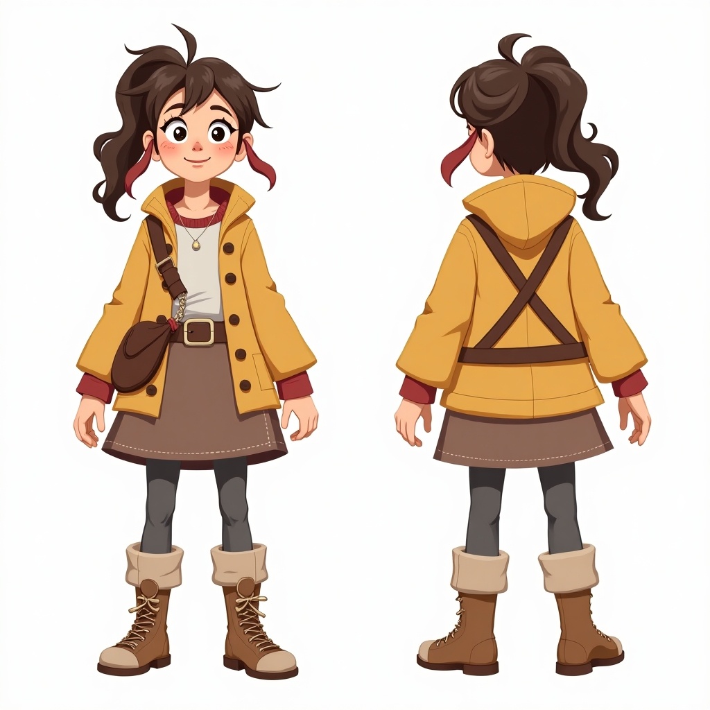 This image features a young girl character design showcased from the front, back, and side angles. She has a clever and brave demeanor, wearing a bright yellow coat and a cute brown skirt. Her outfit is complemented by grey leggings and cozy boots. The character's hairstyle is playful, with a ponytail and ribbons, adding to her adventurous look. The background is plain, emphasizing her features and outfit.