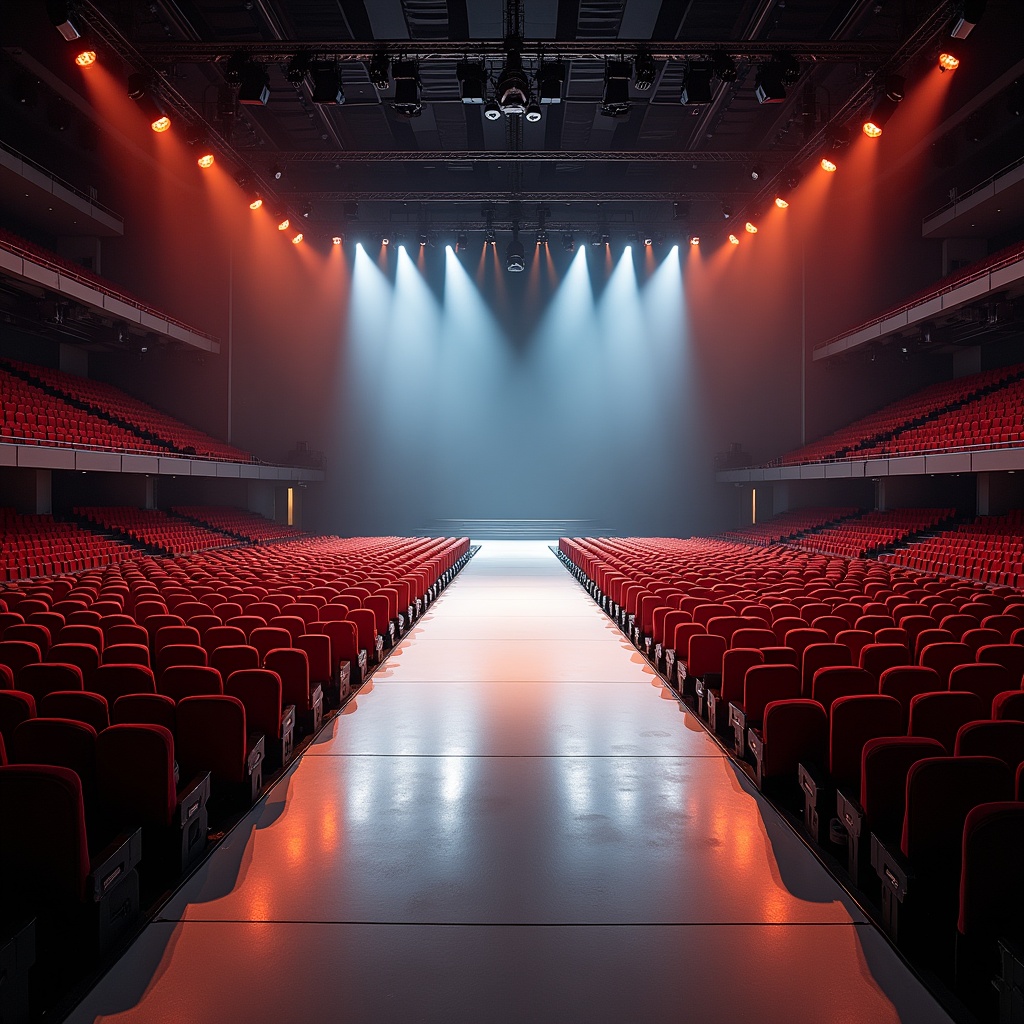 The image captures a large concert hall with a beautiful design. There’s a long runway extending from the stage into the audience area. The seating is arranged in multiple levels, creating a dramatic view. Bright red chairs fill the space, enhancing the overall vibrance of the setting. Soft lights illuminate the stage, creating an inviting atmosphere for concerts and performances.