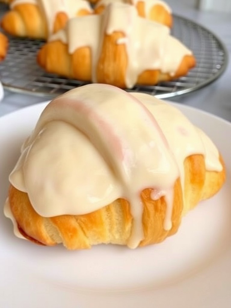 A croissant topped with a smooth, creamy icing on a white plate.