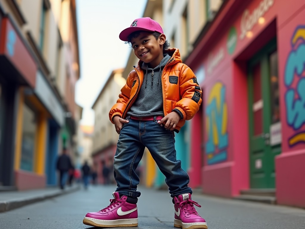 Stylish young child confidently posing in an urban street wearing vibrant streetwear clothes, with colorful backgrounds and bright natural lighting.