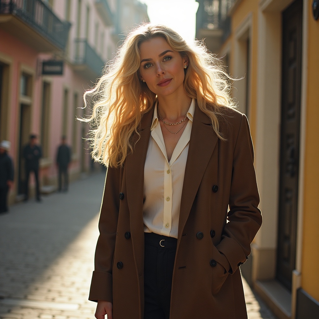 The image features a stylish woman walking down a charming street. She has long blonde hair and wears a sophisticated brown coat over a white blouse. The background showcases soft pastel buildings illuminated by warm, natural sunlight, creating a cozy atmosphere. This setting complements her fashionable presence, capturing a moment of confidence and elegance. The photo conveys a sense of urban chic, ideal for lifestyle and fashion-focused narratives.