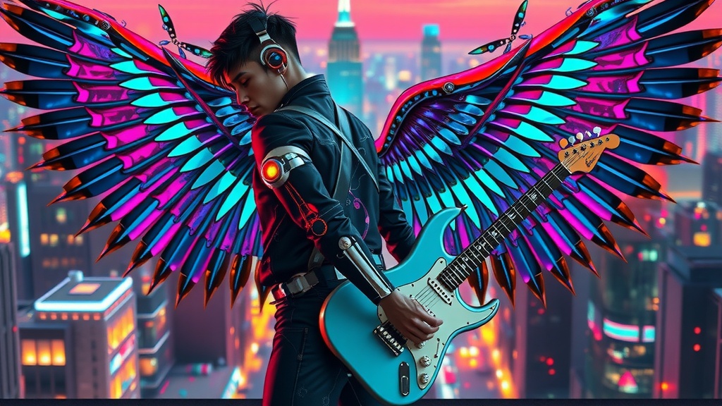 A futuristic, vibrant scene featuring a male character with mechanical wings and a metallic arm, holding an electric guitar. The setting appears to be a cyberpunk cityscape illuminated by neon lights, creating a contrast between the character's vivid wings and the dusky city background. The composition suggests a blend of technology and art within a fantasy environment.