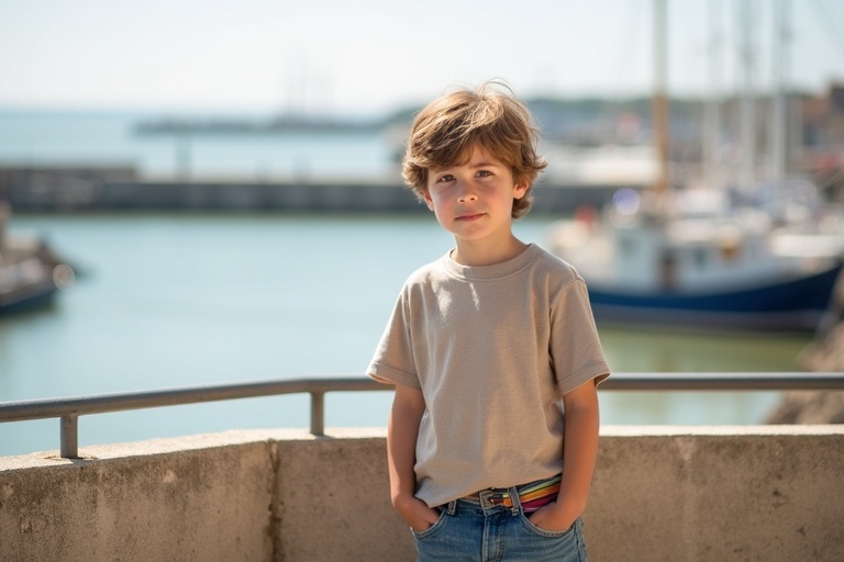 A young boy stands on a balcony wearing a large natural-colored T-shirt and blue jeans. Colorful ankle socks are visible. Light brown hair is tousled. He appears shy and sweet. The background features a sunny harbor in Normandy. The atmosphere is peaceful and quiet.