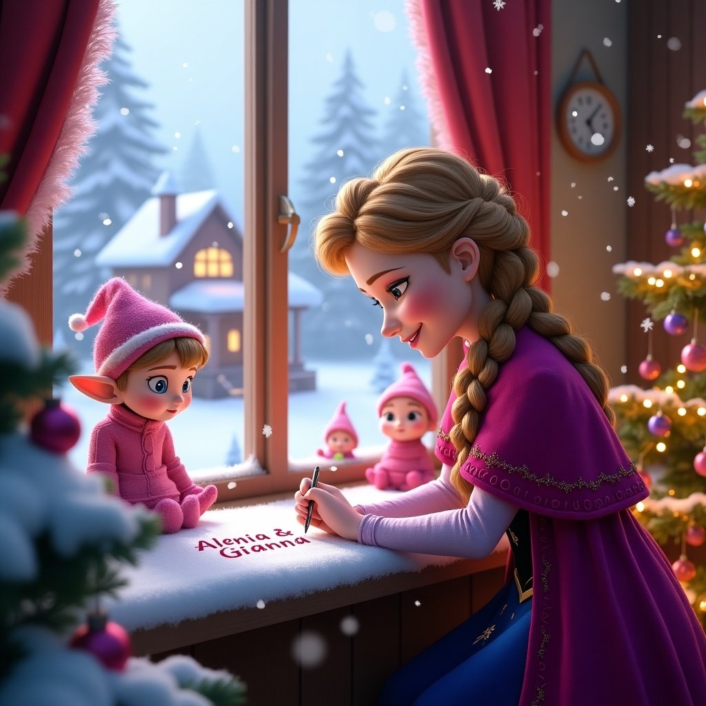 Charming holiday scene featuring elves and snowflakes. A cozy house is seen through a window. A person writes 'Alenia & Gianna' in the snow. A pink girl elf sits on a snowy windowsill. The scene is decorated with a Christmas tree and festive ornaments.