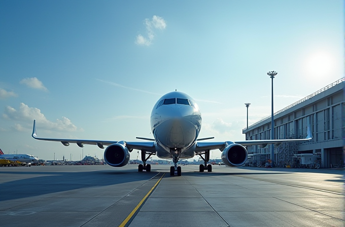 A plane is on the runway of an airport under a clear blue sky.