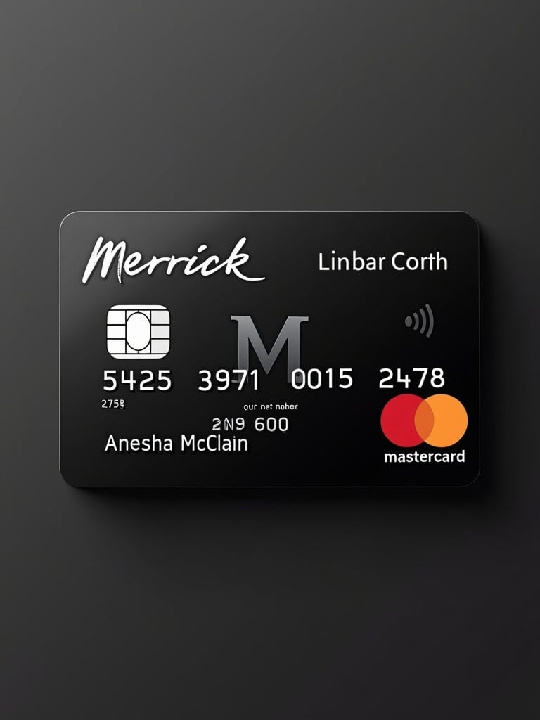 Black credit card design featuring Mastercard logo in silver letters. Card represents Merrick Bank Corp. Name on card shows Anesha McClain. Credit card number is 5425 3971 0015 2478 with expiration date of 06/27.