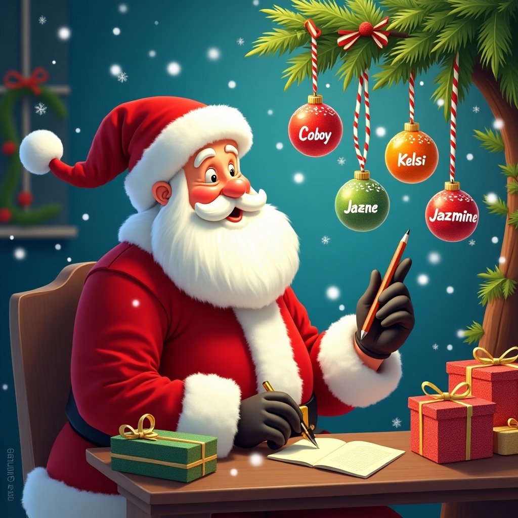 Santa Claus prepares for Christmas. He holds a pencil and looks at colorful ornaments labeled with names. Wrapped presents surround him. The background is blue with gentle snowfall, creating a magical holiday feel.