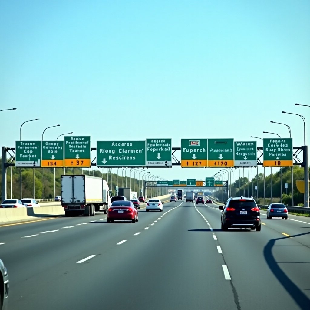 A busy highway features multiple overhead signs. Vehicles are in motion on the road. The scene is captured in bright daylight with clear visibility.