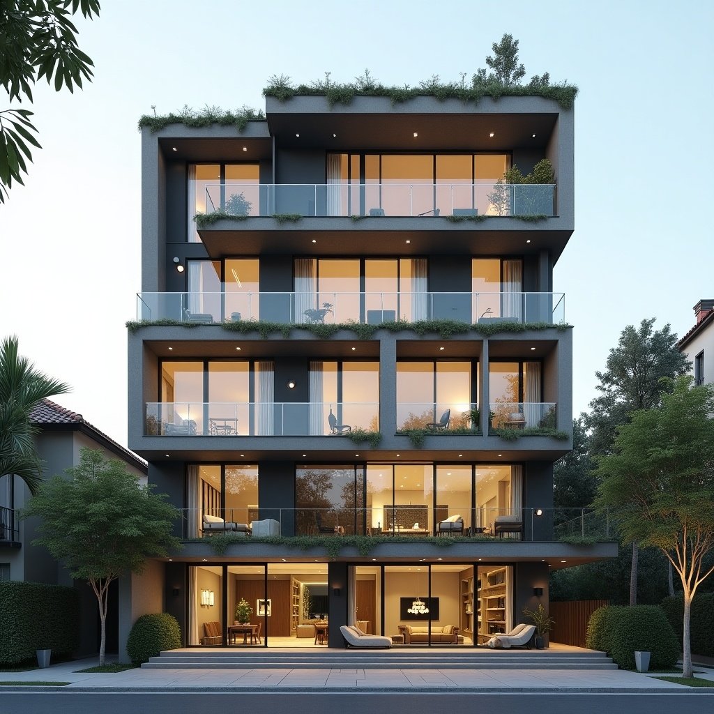 Image illustrates a stylish four-story building. Ground floor has commercial shop. First floor designated as storage. Second and third floors house residential rooms. Building features large glass windows for natural light. No balconies on floors. Front design includes varying window sizes. Blends modern style with practicality. Ideal for city settings, reflecting nature and contemporary design.