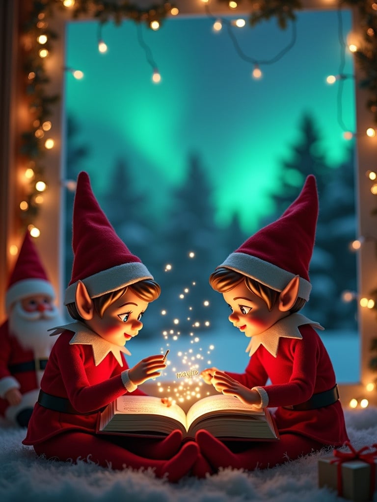 Cheerful elves in red outfits sit by a window. They look at a glowing book. Northern lights create a backdrop. Holiday lights frame the window. The mood is warm for Christmas. One elf holds a wand casting the word Magic. Santa Claus is in the background. Soft lights enhance the scene.