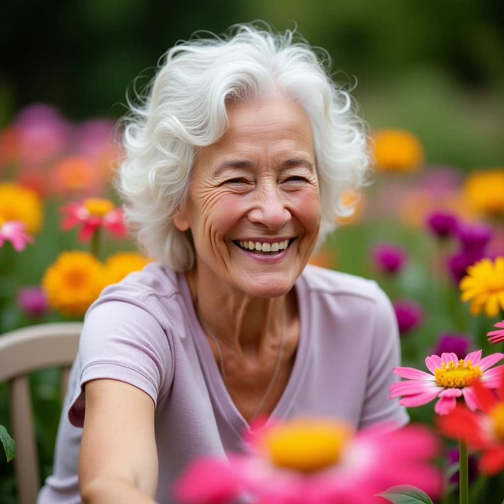 Smiling elderly woman seated in vibrant garden filled with colorful flowers. Her face radiates happiness. Background is blurred to enhance focus on her joyful expression and the vivid flower colors.