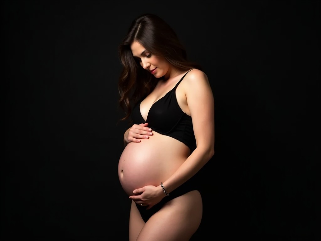 A pregnant woman poses in black lingerie, gently cradling her belly. The setting features a dark background that contrasts against her figure. Soft lighting emphasizes her curves and the beauty of pregnancy. The mood is serene and graceful, highlighting the joy of motherhood. This image captures a moment of anticipation and love as she awaits the arrival of her baby.