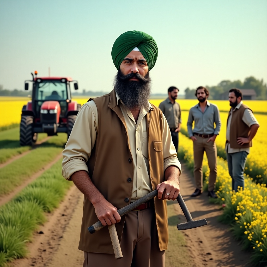 This image depicts a Sikh farmer in a vibrant farmland setting, showcasing his expertise in agriculture. He wears a turban and traditional attire while confidently holding a farming tool. Surrounding him are individuals who appear to admire his skills, creating an impression of respect. The background illustrates a blend of modern and traditional farming with cultivated fields and a tractor. The farmer's focused expression underscores his unique qualifications for farm-related roles and reflects his strong connection to agriculture. The colors are vivid and inviting, representing the thriving agricultural scene.