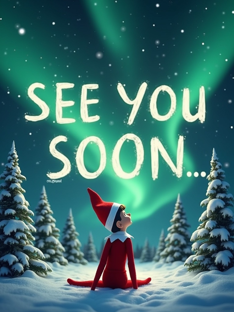 Elf on the shelf in the snowy landscape. Elf wears red and white outfit. Elf gazes at the night sky. Northern lights dance in vibrant green above. Playful font says 'See you soon...'. Snow-covered trees surround the elf. Magical and festive mood for the holiday season.