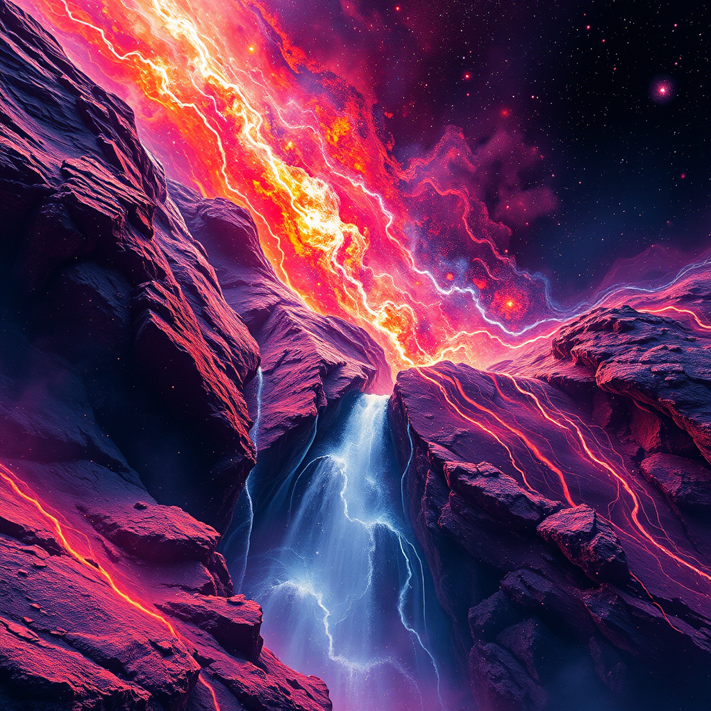 A surreal scene depicting a vibrant waterfall cascading between rocky cliffs, beneath a vivid, cosmic sky filled with colorful clouds and stars.