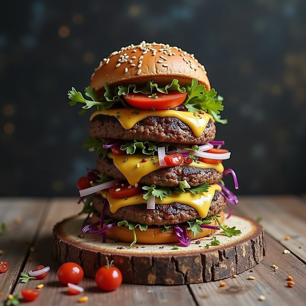 A close-up of a stacked burger with two patties, cheese, lettuce, tomatoes, and onions. The background is softly blurred to focus on the burger. The bun has sesame seeds on top. The burger is placed on a wooden slice. Bright colors and appealing presentation highlight the ingredients.