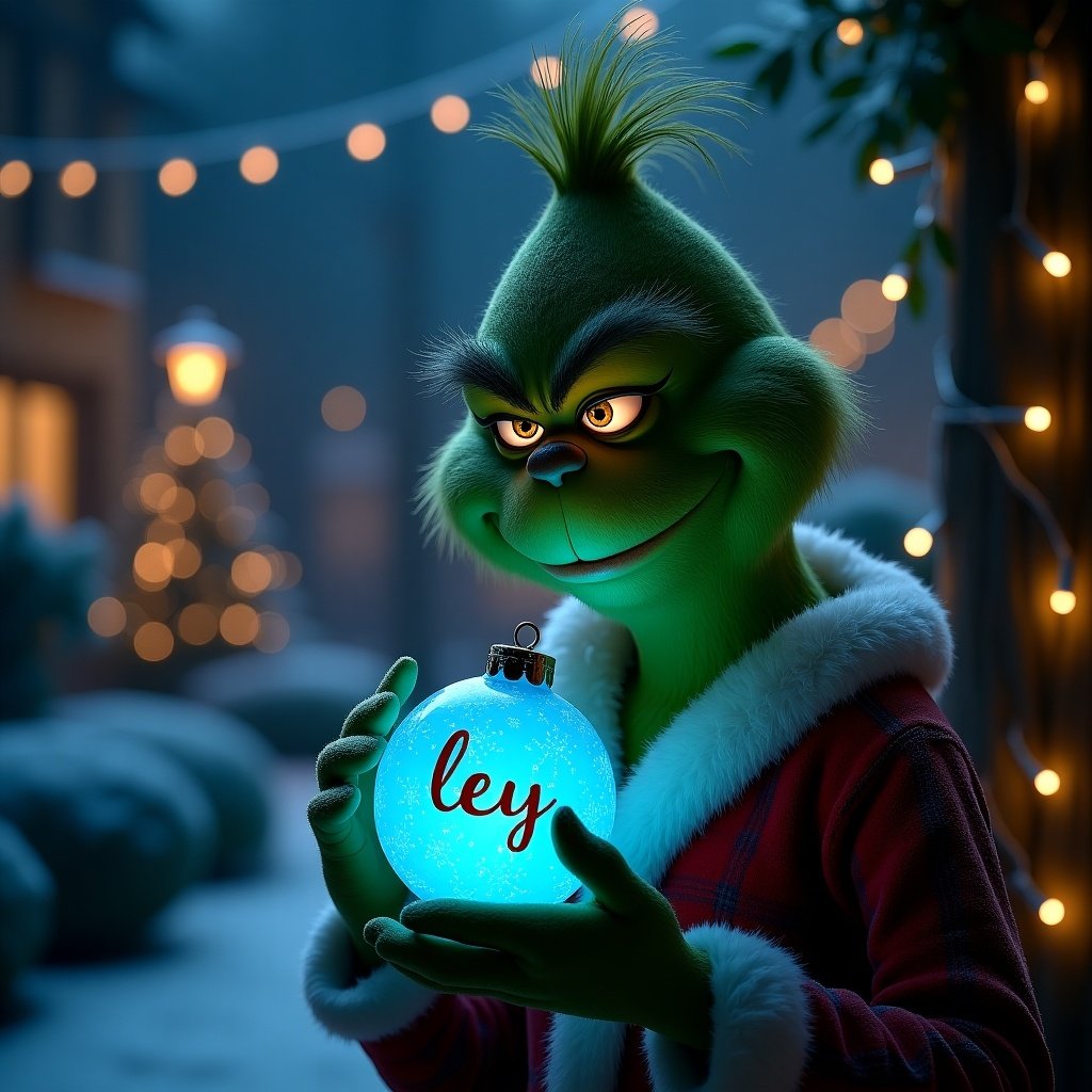 A serene night garden is depicted. The Grinch holds a glowing blue Christmas bauble. The bauble features the name leigh in an elegant script. Twinkling Christmas lights enhance the magical ambiance.