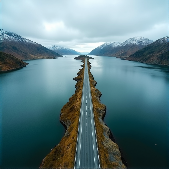 A straight road stretches across a narrow strip of land flanked by serene waters and snow-capped mountains on both sides under a cloudy sky.