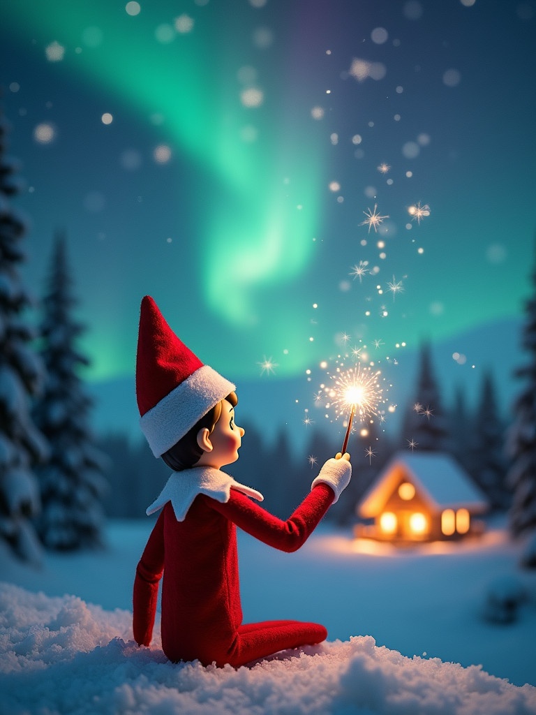 Elf on the shelf sits with its back to the viewer. Elf gazes at northern lights. Elf holds glowing wand. Snow covers the ground. Cozy house in the distance. Sparkles and magical atmosphere in the scene. Name ‘Merry Christmas Milan, Rodrigo, Angellee and Delilah’ appears in the air.