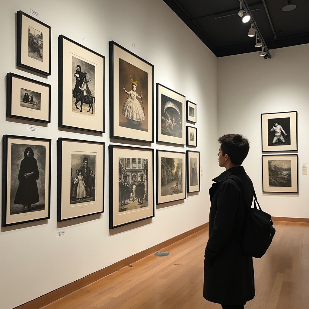 A person stands in a gallery, intently observing a wall of framed vintage photographs and artworks displayed in an orderly fashion.