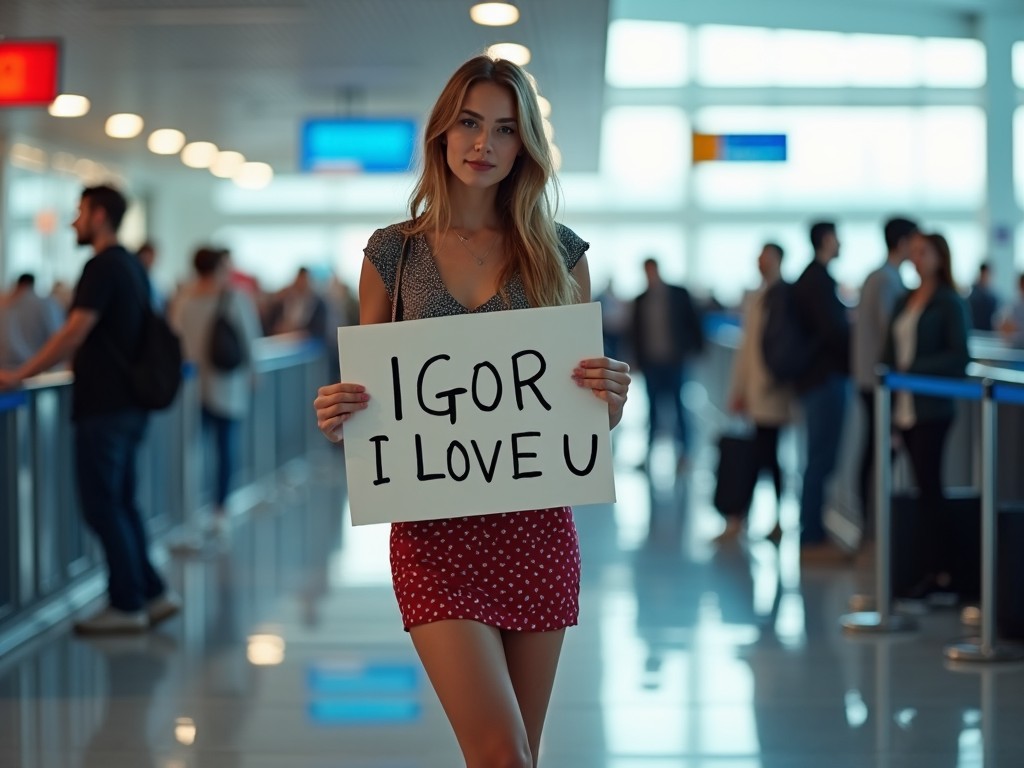 In a bustling airport, a beautiful slim girl stands out among the crowd. She is wearing a stylish miniskirt with a fitted top, radiating confidence. Holding up a large sign that reads 'IGOR I LOVE U', she captures the attention of passersby. The background depicts other travelers waiting in line, emphasizing the airport setting. The lighting is bright and inviting, highlighting the emotional moment she's creating. This scene is both romantic and lively, portraying a personal connection amid the hustle of travel.