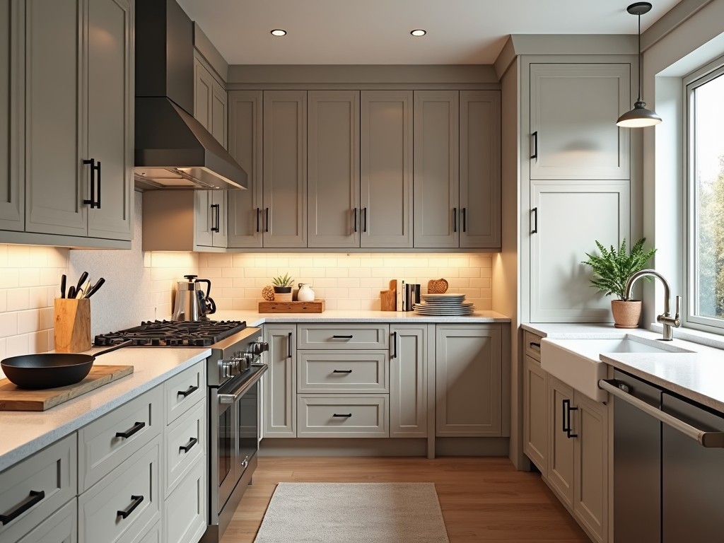 A sophisticated blend of gray and beige fills the kitchen with greige cabinetry, establishing a cohesive and versatile tone that adapts to various design elements. Rows of cabinetry extend across the space, showcasing a mix of floor-to-ceiling storage units and wall-mounted cabinets, creating an organized and luxurious atmosphere. The greige color maintains its consistency across multiple configurations, including drawers, glass-front upper cabinets, and larger pantry units, harmonizing the entire kitchen. This timeless hue acts as a neutral backdrop, allowing polished countertops to shine, while still ensuring a uniform, seamless aesthetic throughout. The image captures the scene using a high-quality Canon lens from a wide-angle viewpoint, emphasizing the depth and expanse of cabinetry. A subtle variation in lighting reveals the dynamic response of greige to both natural and artificial light, adding warmth and depth to each cabinet face. Different cabinetry styles—such as base cabinets, tall pantry units, and overhead cabinets—show how greige integrates seamlessly, enhancing the room’s visual harmony. Functional elements like stainless steel appliances, a farmhouse sink, and brushed nickel hardware add realism, while kitchen items like a cast-iron skillet and stacked plates emphasize the practical appeal of greige cabinetry.