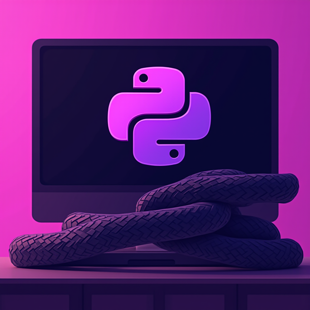 A stylized image of a computer monitor displaying the Python logo, with a coiled snake in front, set against a vivid purple backdrop.