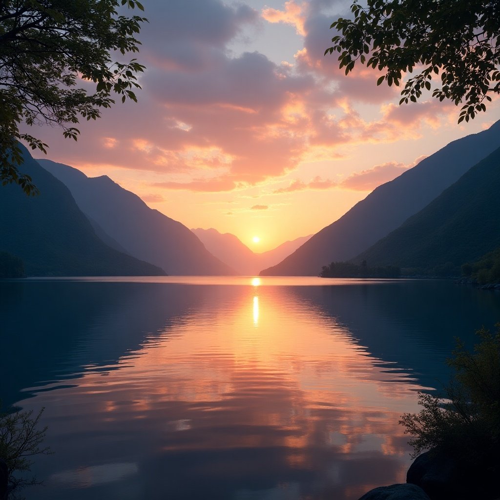 Scenic view of a sunset over a lake surrounded by mountains with reflections in the water. Soft warm colors fill the sky.