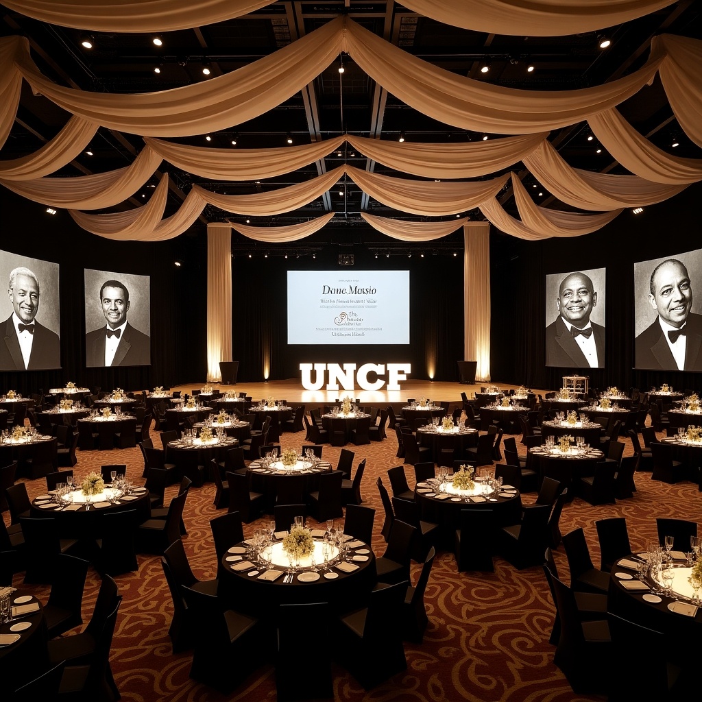 The image depicts a grand banquet room filled with round tables set for a formal event. The space features black and white drapes, creating a sophisticated atmosphere. Large black and white portraits of African American graduates adorn the walls, showcasing their accomplishments. In the foreground, large illuminated letters spelling out 'UNCF' stand prominently. The arrangement includes rectangular tables, each seating approximately 21 guests.