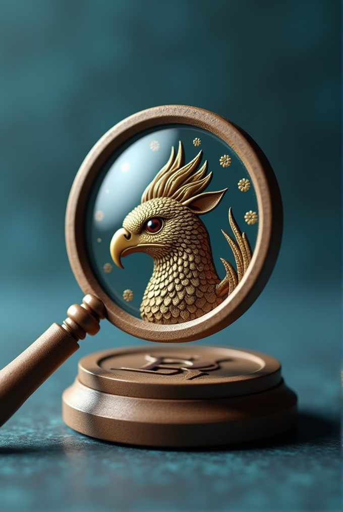 A detailed depiction of a mythical griffin embossed in gold within a wooden-framed magnifying glass.