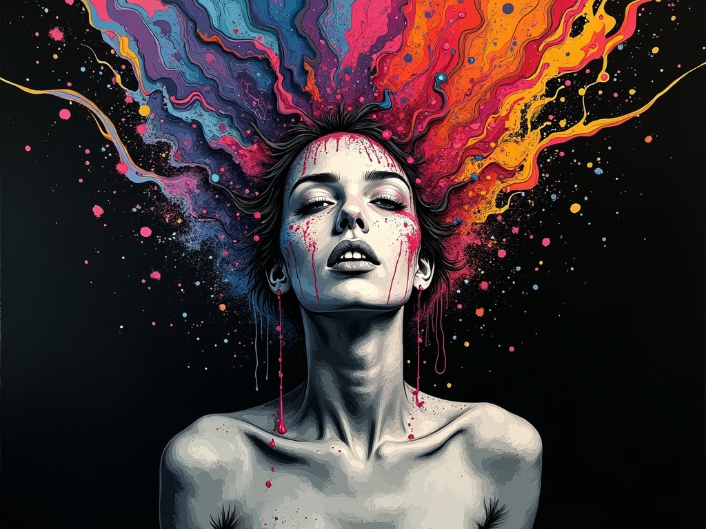 This digital artwork presents a surreal depiction of a person with a vivid explosion of colors radiating from their head. The figure's expression is serene and contemplative, contrasting with the dynamic, swirling colors of red, orange, and purple flowing outward, as if representing an eruption of creativity or emotion. The background is a deep black, enhancing the vibrancy of the colors and the figure's grayscale body.