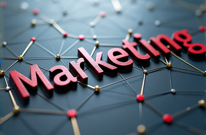 The image shows the word 'Marketing' in red on a dark background with a network of colorful connected dots.