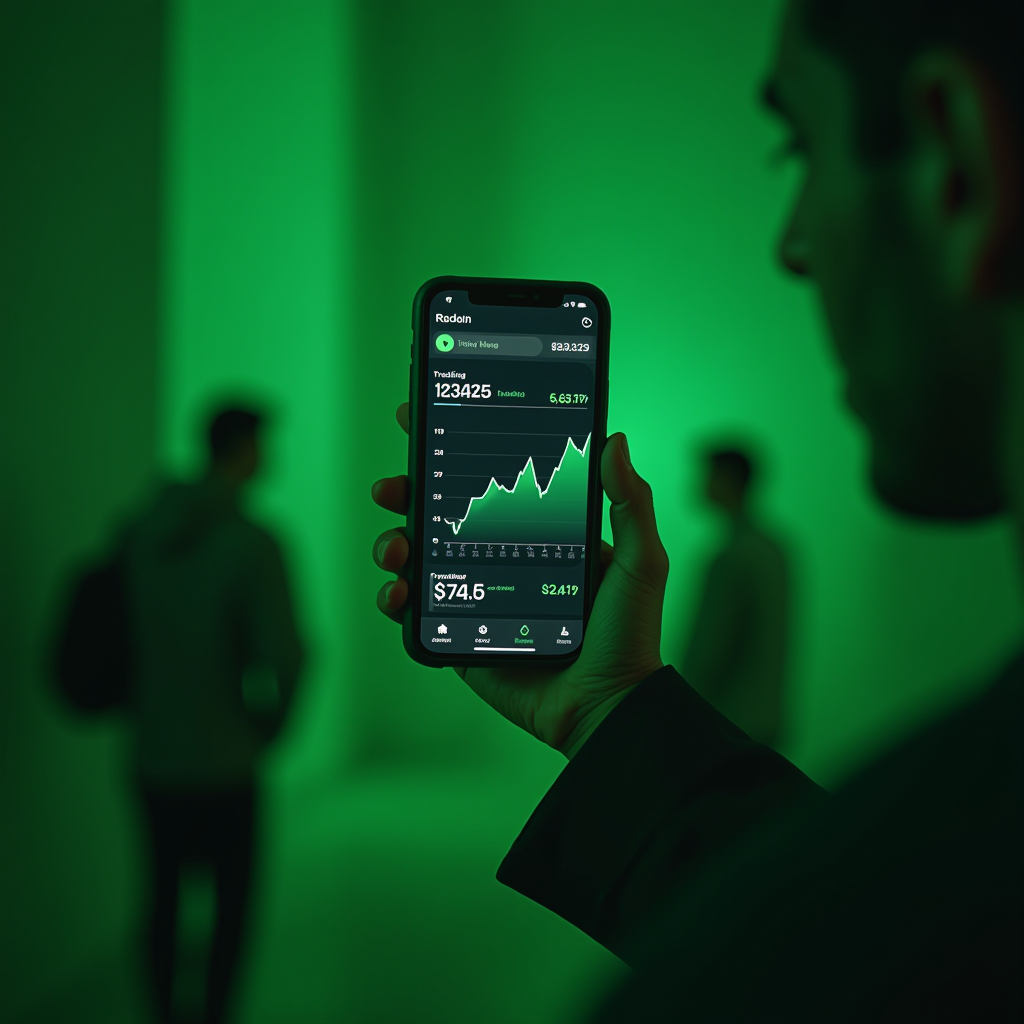 A person holds a smartphone displaying stock market data, set against a vibrant green background, with silhouettes of people in the distance.