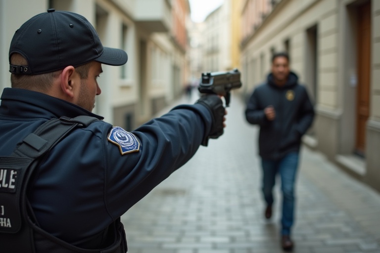 Police officer in uniform aiming a gun at a running suspect on the street. Tension in the air amidst urban surroundings. Focus on the officer's action and suspect's movement.