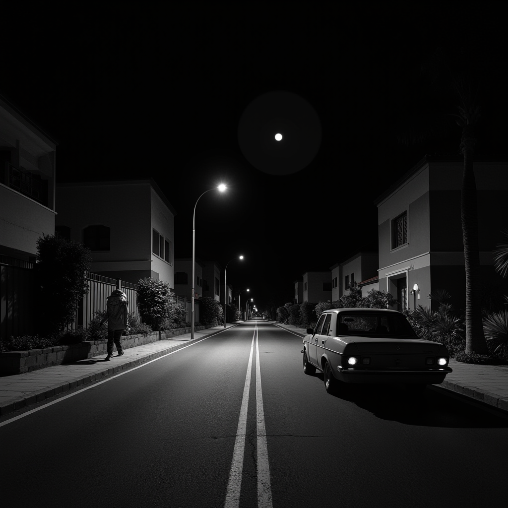 A deserted urban street at night illuminated by streetlights, with a lone pedestrian and a parked car, under a bright moon.