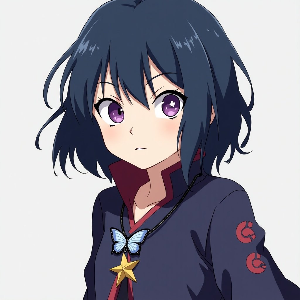 Girl from Naruto world belonging to a star and butterfly clan. Short dark blue hair. Necklace features a butterfly and star. Purple eyes with a star in the pupil. Ninja attire with clan symbol.