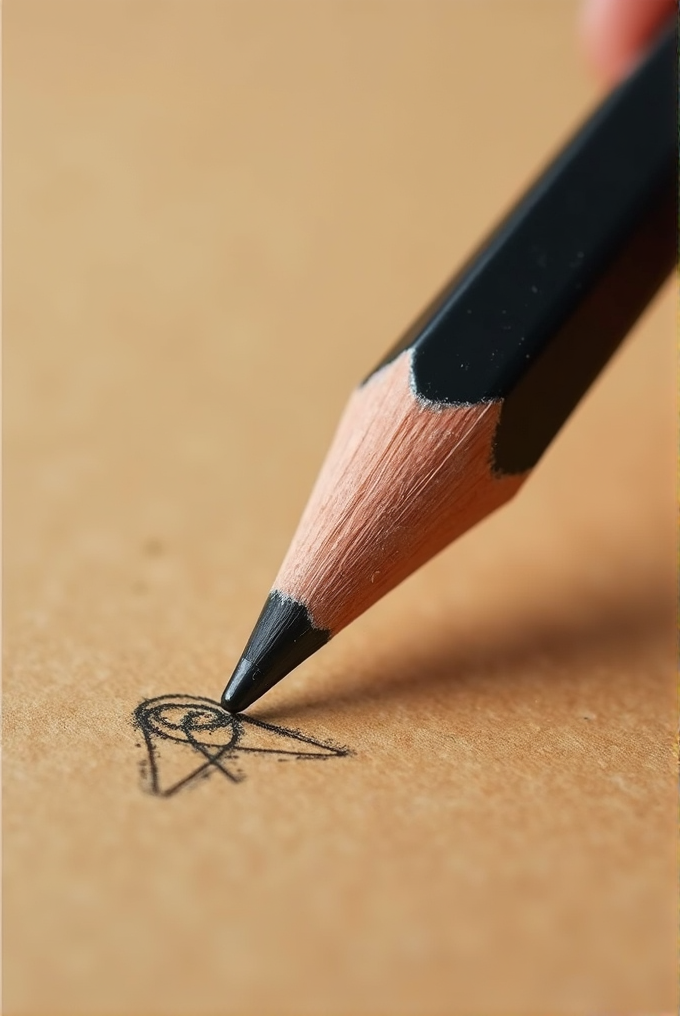 A black pencil is drawing a small geometric design on brown paper.