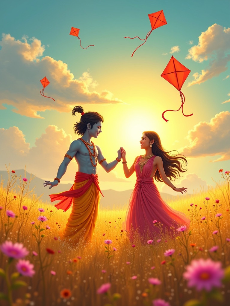 Joyful celebration of Makar Sankranti. Krishna and Radha stand hand in hand in a field of flowers. Colorful kites fly in a bright sky. The sun sets warmly behind them. The message "Happy Makar Sankranti" is elegantly displayed at the bottom.