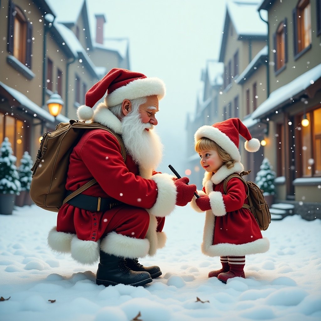 Santa Claus interacts with a child on a snow-covered street. Santa wears traditional red and white clothing. The charming buildings are blanketed in snow. Soft winter light creates a cheerful holiday atmosphere.