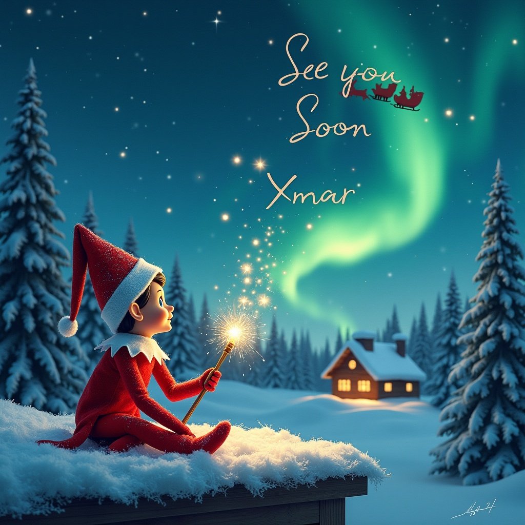 An elf on the shelf sits on a snowy ledge. The elf gazes into a starry night sky with northern lights. The elf holds a wand writing names in the air. A warm glowing cabin is in the background. Santa and his sleigh are flying across the sky. Text says See you Soon Xmas.